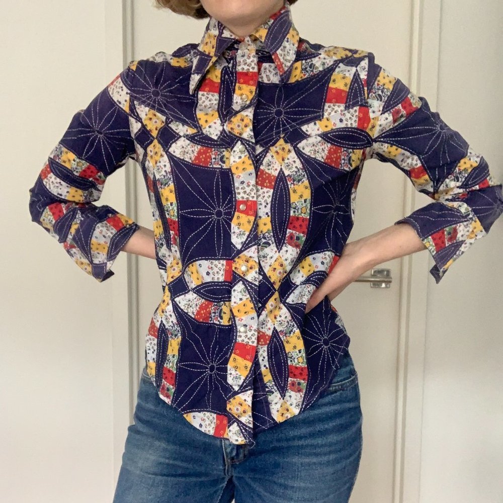 Vintage Ms. Wrangler 1970’s Western Snap Shirt - Patchwork Quilt Print